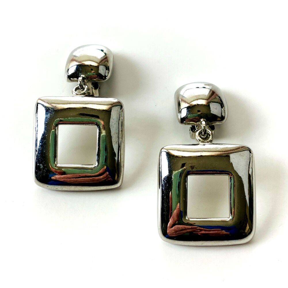 Chunky Square Clip On Earrings Silver Tone Shiny Mirror Finish Glam Boho-Chic